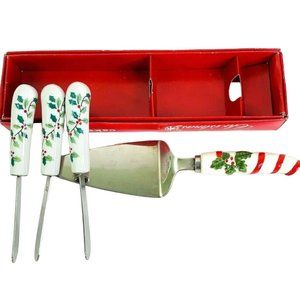Christmas Pie Cake Server Cheese Knife Set Ceramic Handle Stainless Steel Holly